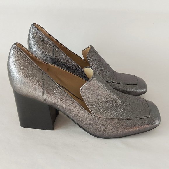 Marc Fisher Ltd Metallic Pumps Leather Square toe Block Heels Marlo Gray Shoes - Picture 3 of 11